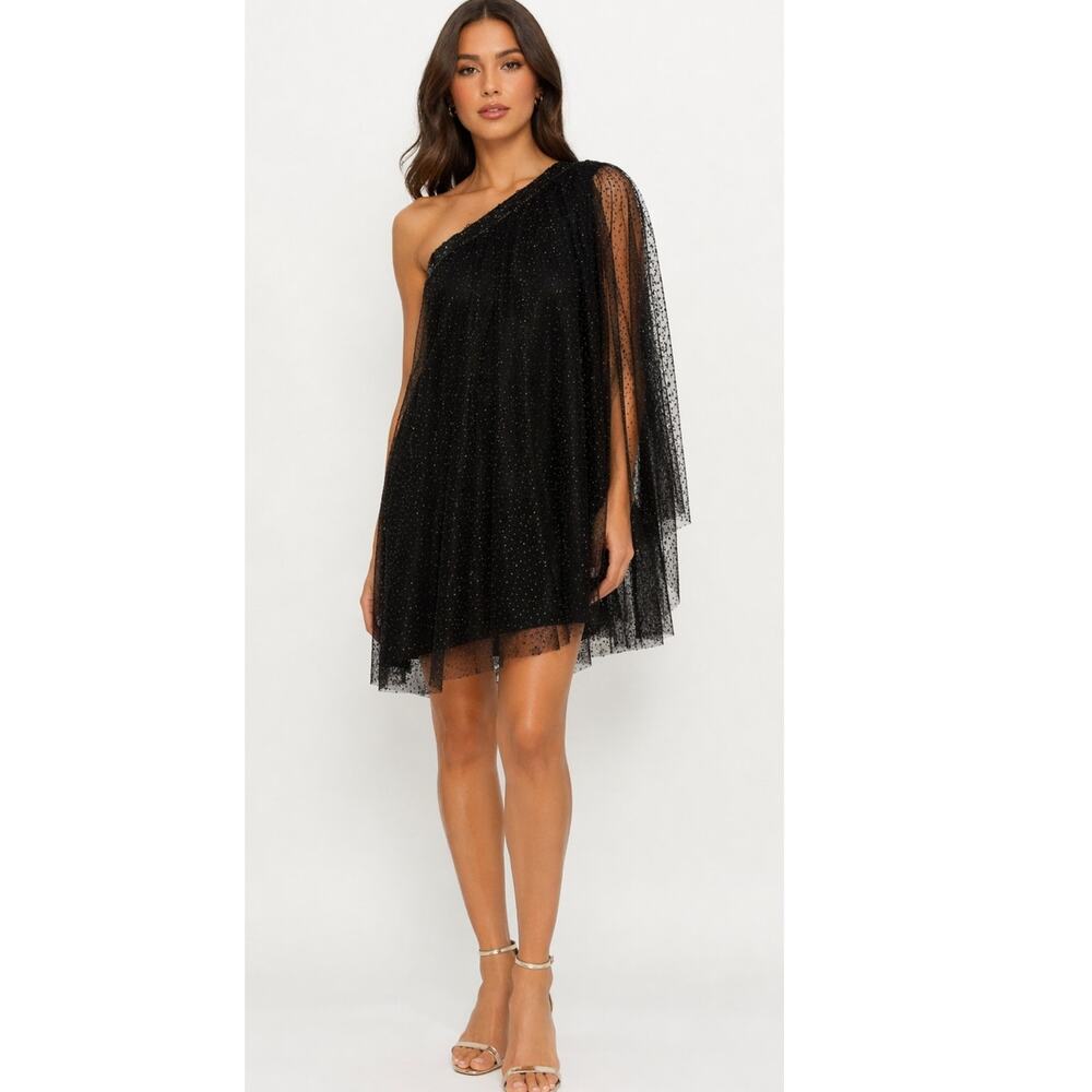 MAC DUGGAL One Shoulder Sleeve Cape 2 NEW Cocktail Dress Party Black Shiny Event